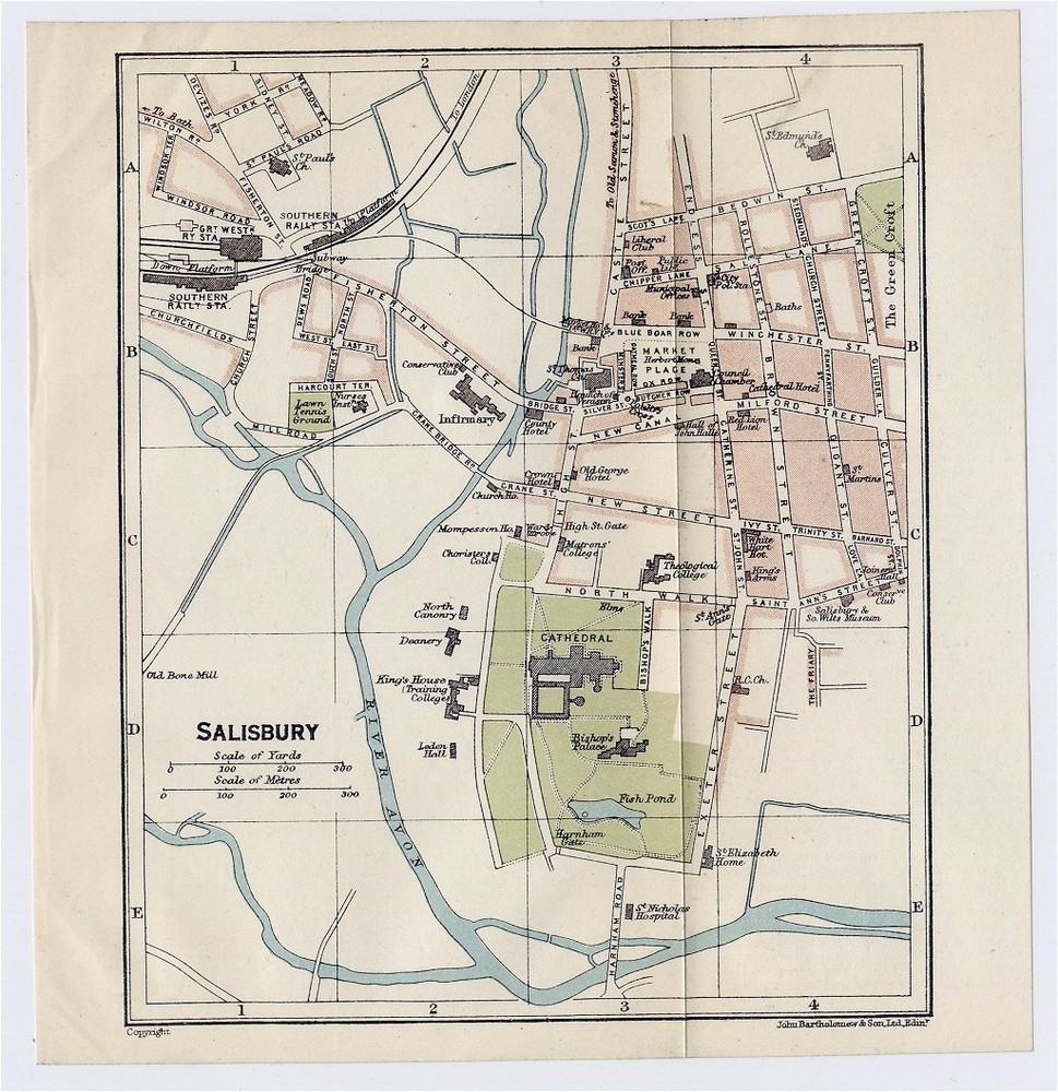 1924 Original Vintage City Map Of Salisbury / Wiltshire / England