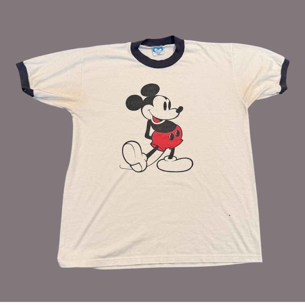 Vintage Disney Mickey Mouse Shirt Mens Large White Ringer Made USA 70s