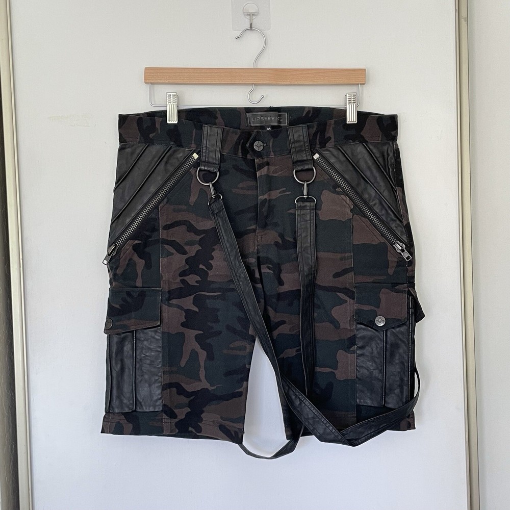 Lip Service Suspender Bondage Shorts Size 34” Y2K Punk Goth Camo Cargo Leather