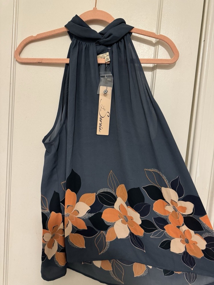 NWT Les Serein Halter Neck Top W Front Cut Out XL Turquoise Floral Sleeveless