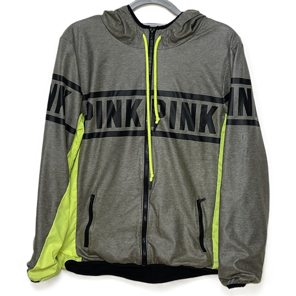 PINK Victoria Secret Gray Green Zip Hoodie Windbreaker Jacket XS