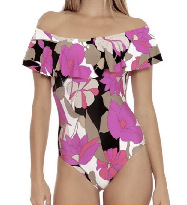 Trina Turk Lynx Gemini Floral Pink Ruffle Off the Shoulder One Piece Swimsuit