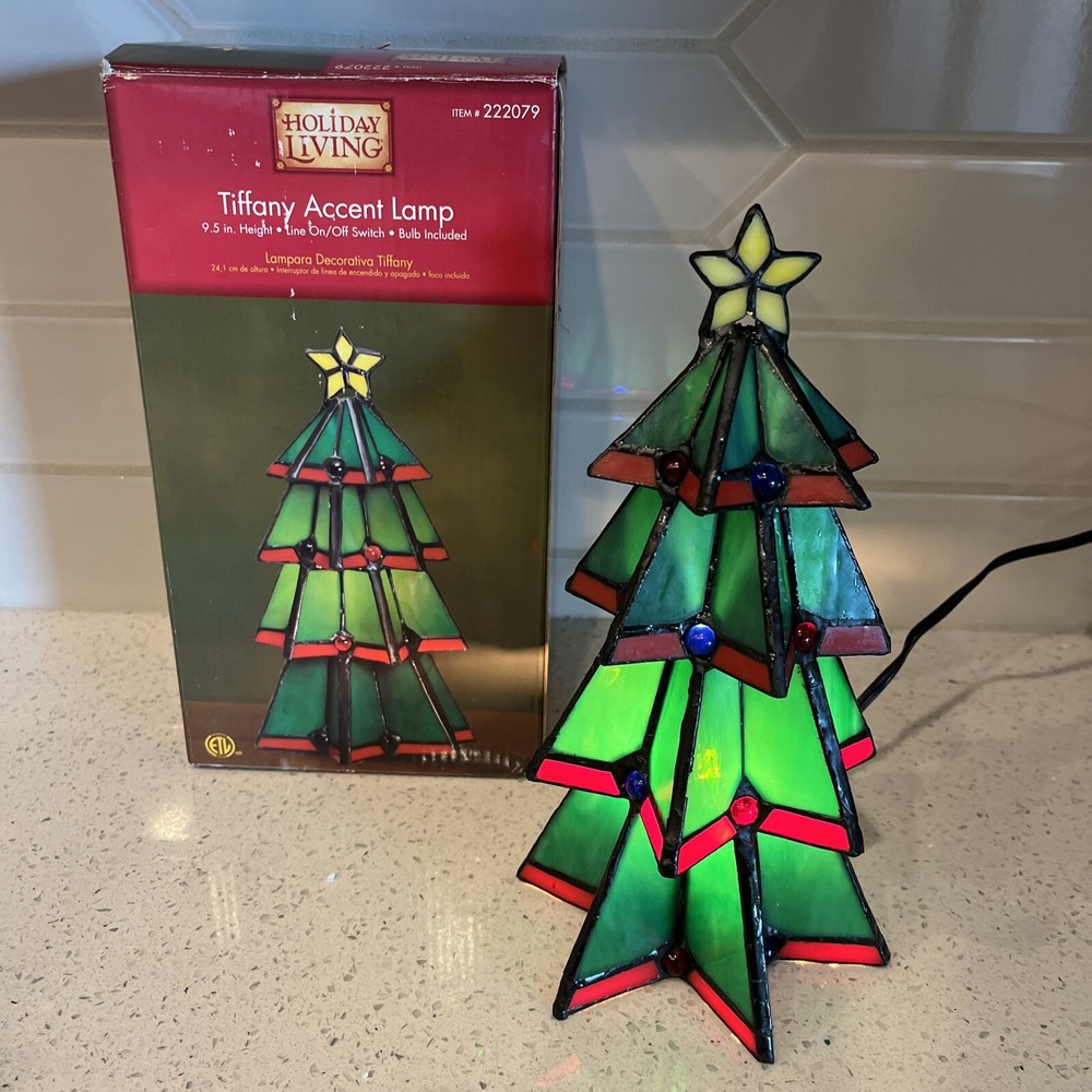 Holiday Living Tiffany Accent Lamp Green Christmas Tree Stained Glass 9.5