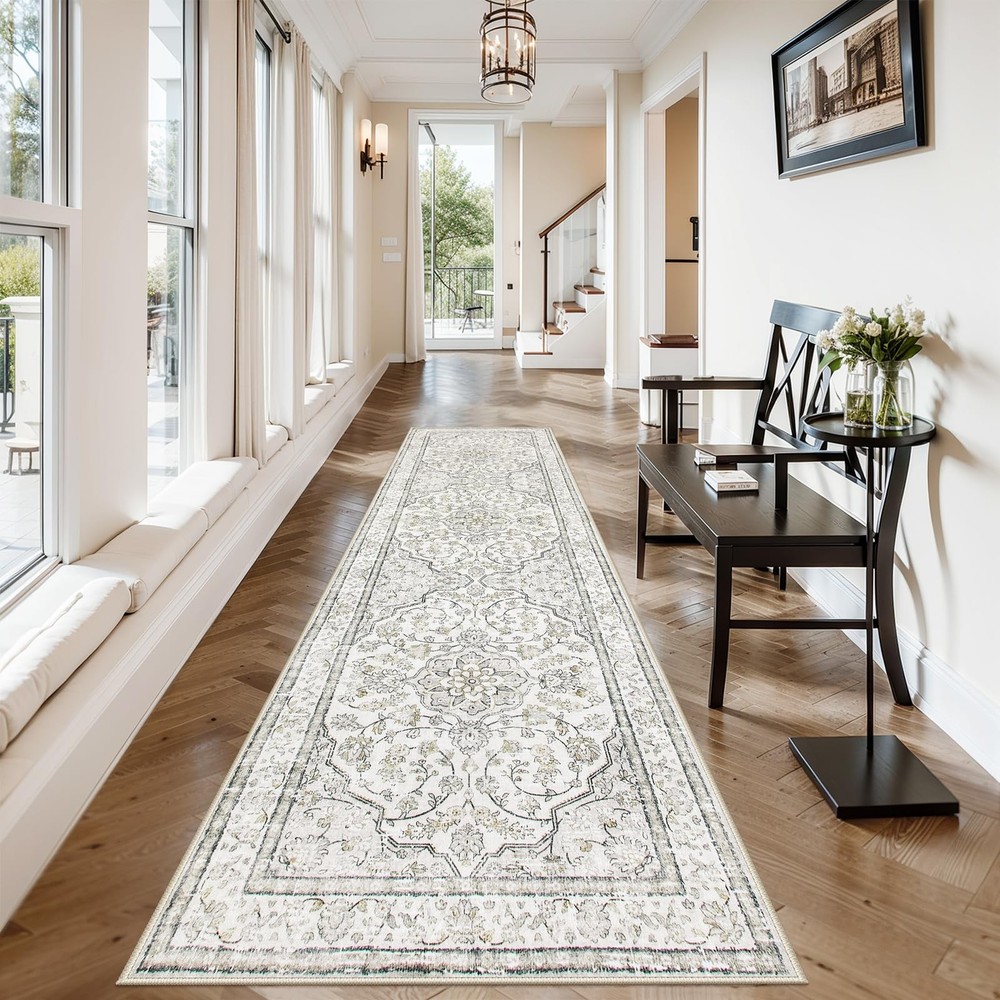 Beige 2.5x10 Non-Slip Washable Oriental Hallway Runner for Kitchen