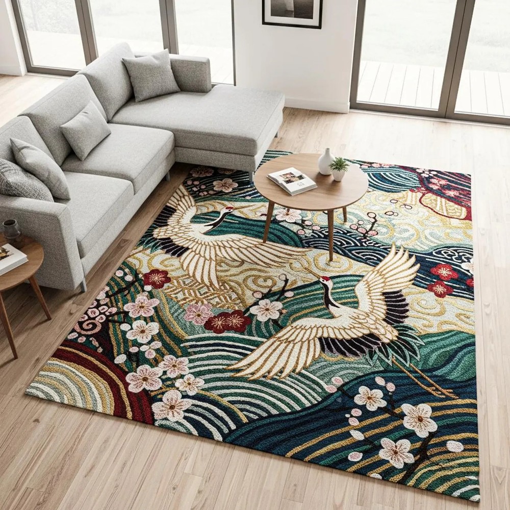 Teal Navy Blue Japanese Cranes Hand Tufted Cherry Blossom Wool Rug Traditional