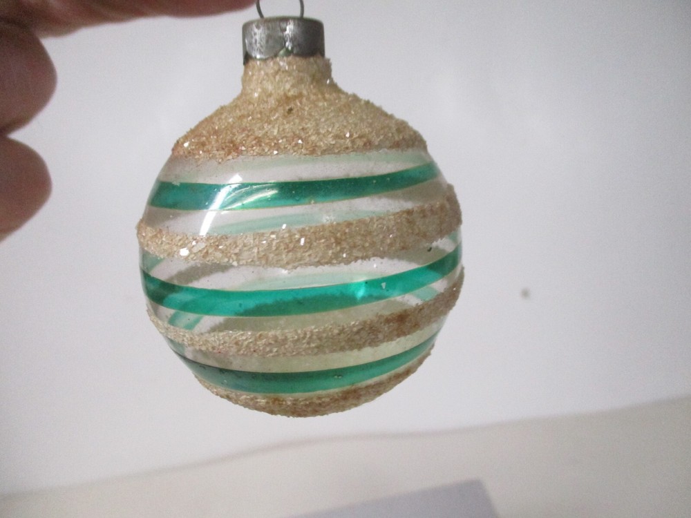 Vintage Unsilvered Glass Christmas Ornament - Frosted w Green Stripe #5