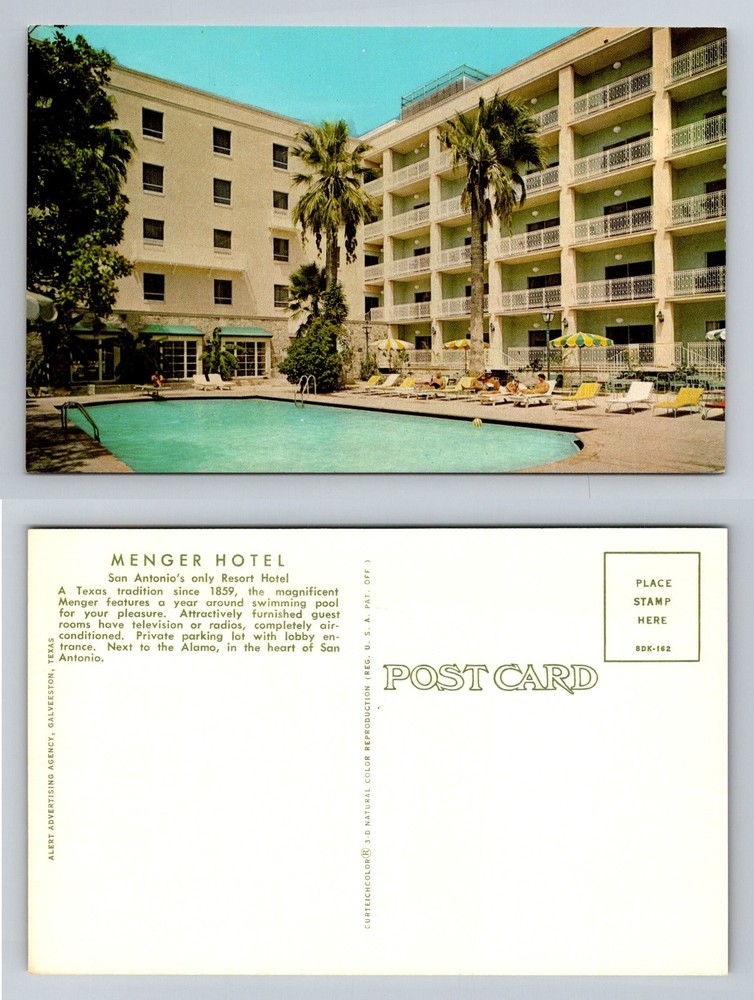 San Antonio, TX-Texas, Menger Hotel Poolside Palm Trees Alamo Vintage Postcard