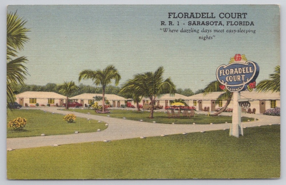FLORADELL COURT Sarasota Florida Linen Postcard Mid-Century Motel AAA