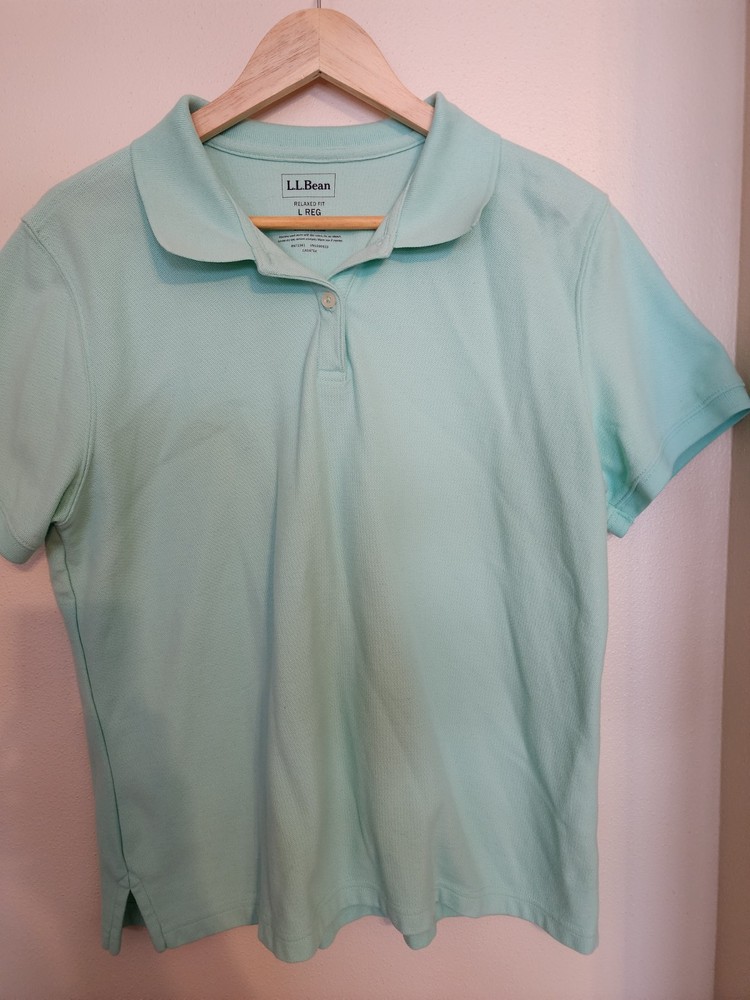 LL Bean Women's Large Relax Fit Short Sleeve Collared Polo Shirt Sea Foam