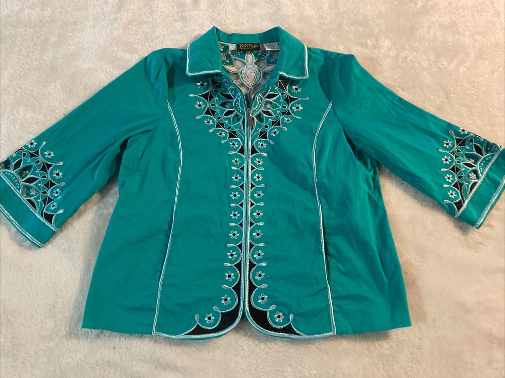 Bob Mackie Womens Wearable Art Jacket Large Green Zip Front Embroidered Cutout