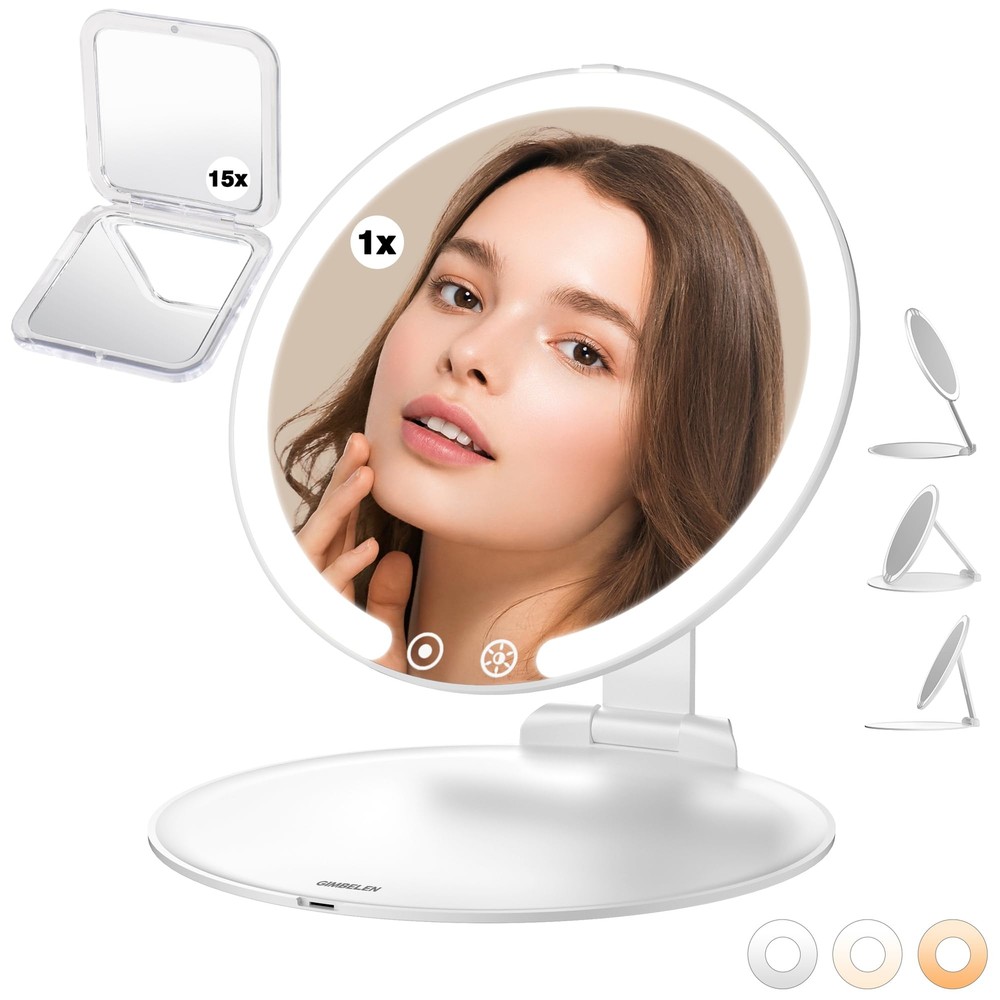 Travel Makeup Mirror with Light and Mini 15x Magnifying Mirror, Portable Fold...