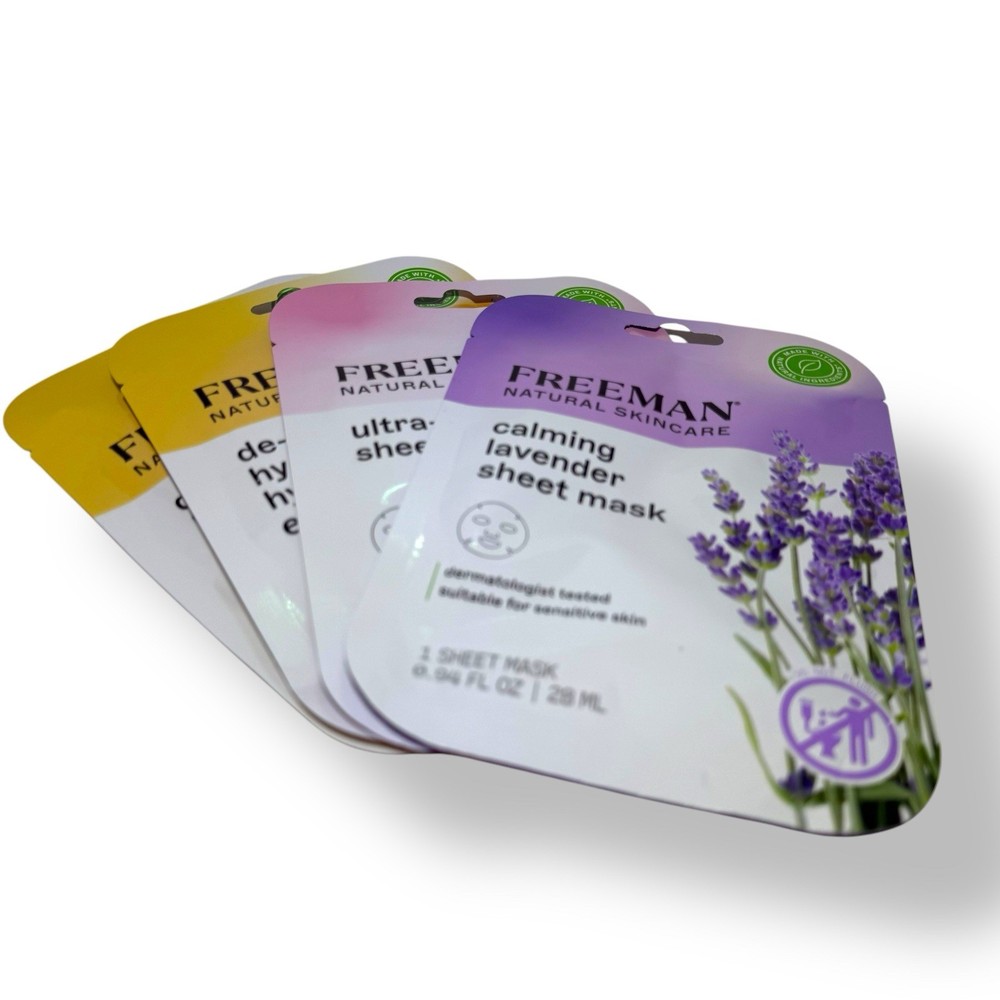 Freeman Calming Lavender Sheet Masks Set of 4 with 2 De-Puffing Eye Masks Ultra-Hydrating