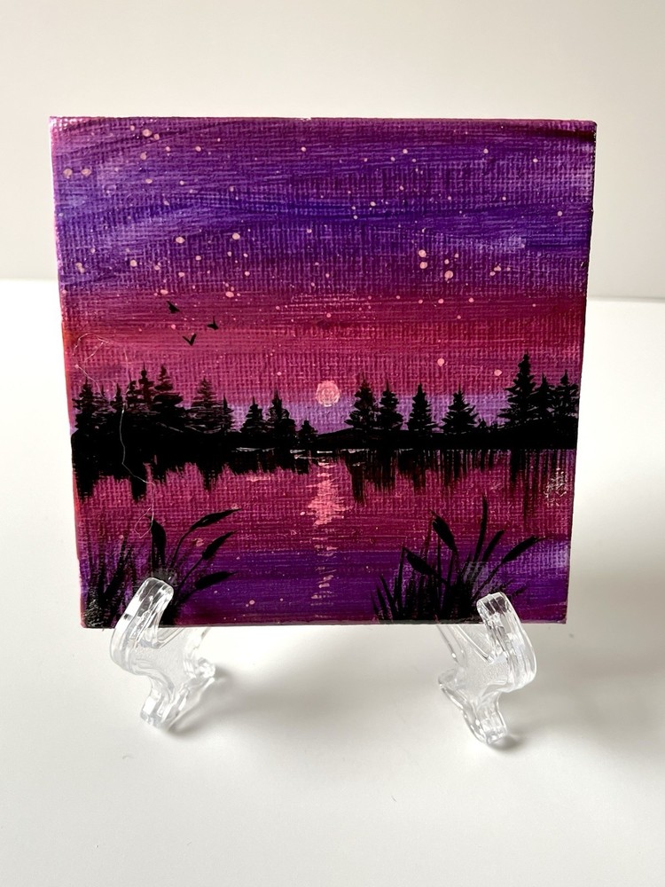 Mini 4x4” Purple Moonlight Landscape Acrylic Canvas Panel w/Display Easel