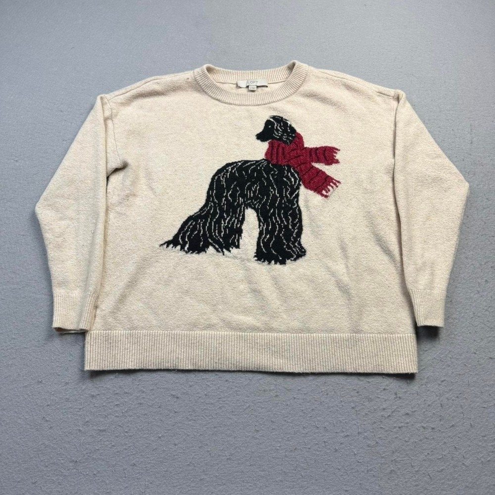 LOFT Dog Sweater Cream Knit Pullover Afghan Hound Scarf Women's Medium