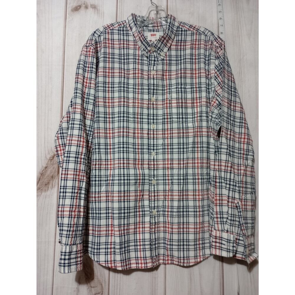 Levis Shirt Mens 2XL Red Blue Plaid Button Down Long Sleeve Flannel Casual