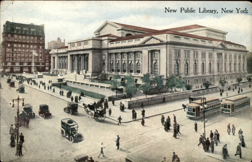 New York City New York Public Library horse buggy 1910s cars vintage postcard