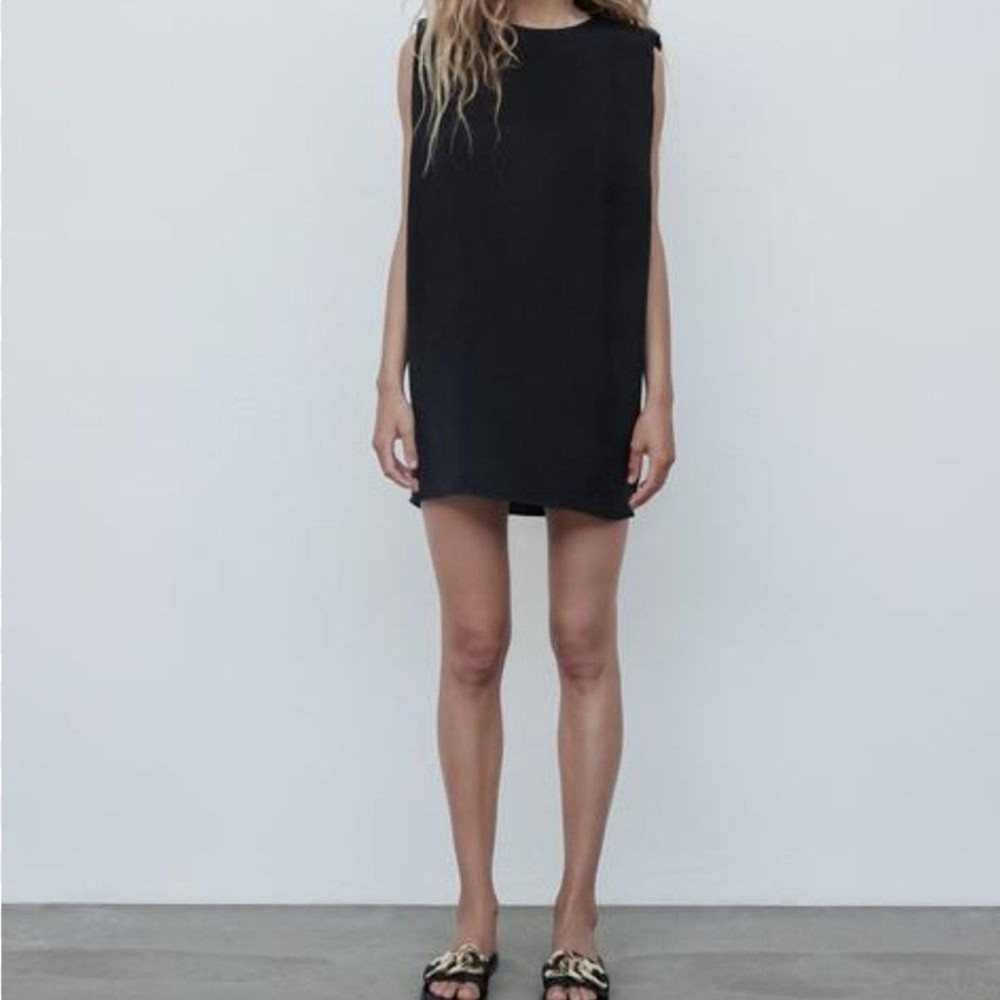 Zara Solid Black Shoulder Pad Mini Tank Shift Dress Small NWT