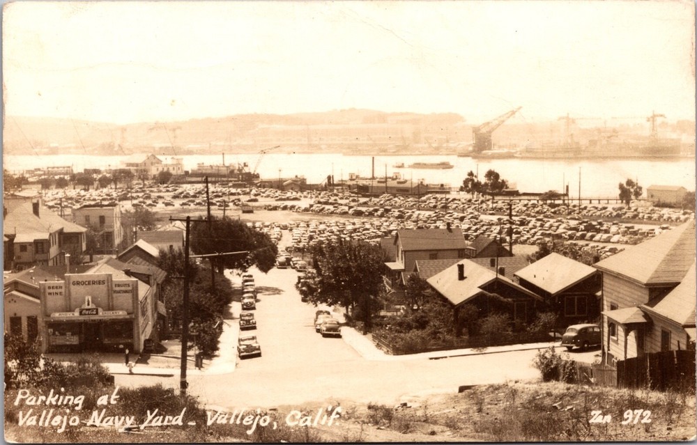 Real Photo Postcard Overview Parking at Vallejo Navy Yard in Vallejo, California