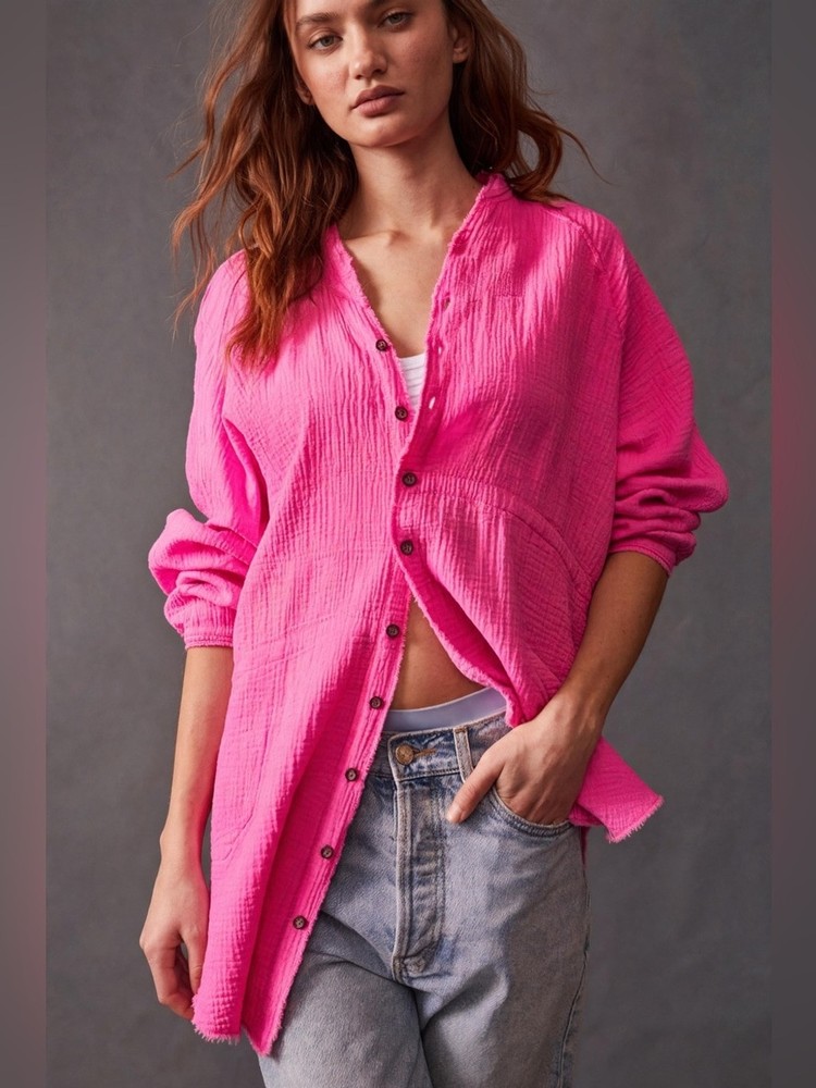 Free People Summer Daydream Buttondown Pink Cotton Gauze Shirt XS Oversized