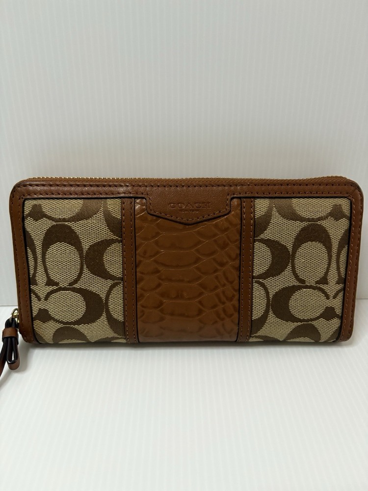 Coach Zip Around Wallet Canvas With Croc Embossed Brown Leather EUC