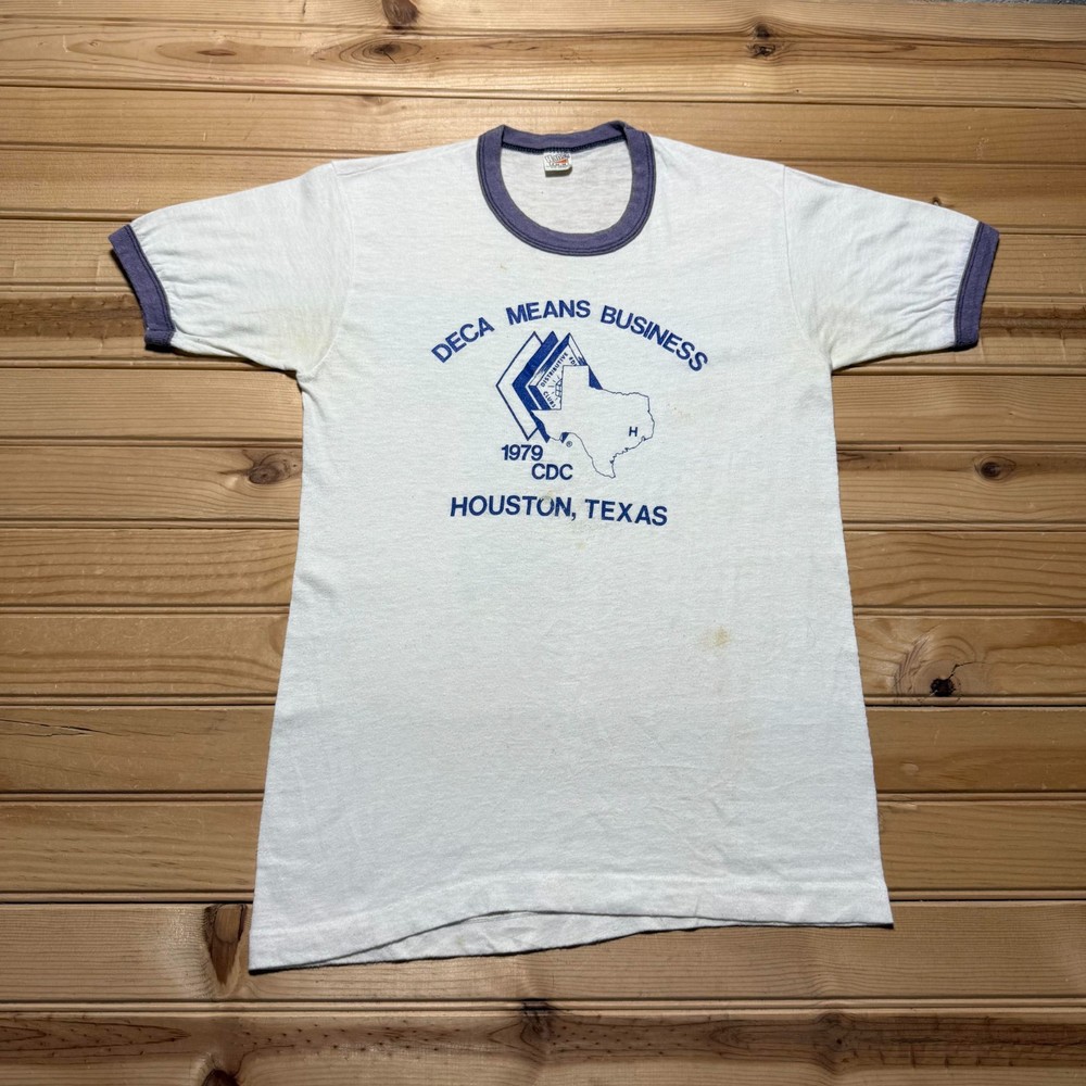 Vintage 1979 Hanes DECA Means Business Houston Texas Graphic Ringer Shirt Small