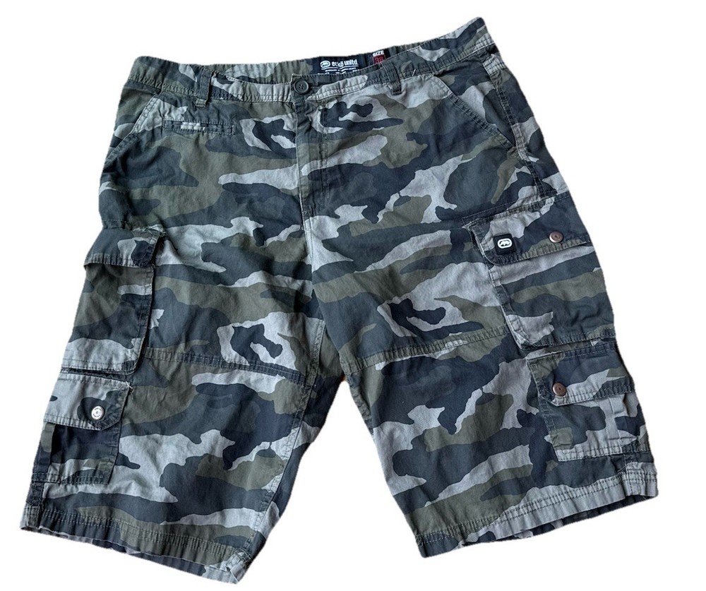 Ecko Unltd Shorts Mens 38 Green Cargo Ripstop Camo Camouflage Utility Y2K Baggy