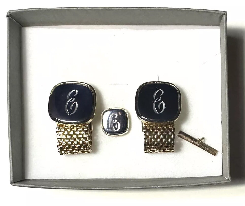 Vintage Square/Oval Tie Pin/Tack & Cuff Link Mesh Hematite Letter E Golden Set