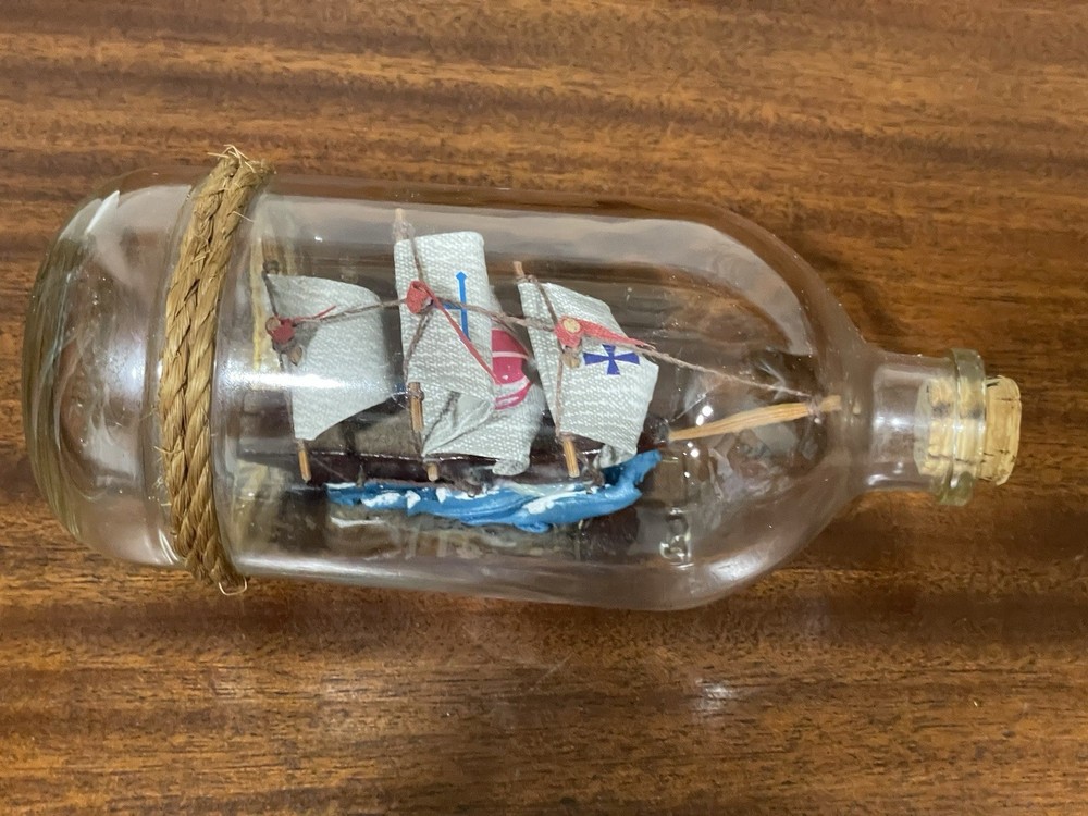 Vintage Miniature Ship In a Bottle  Collectible Nautical 8” X 4”