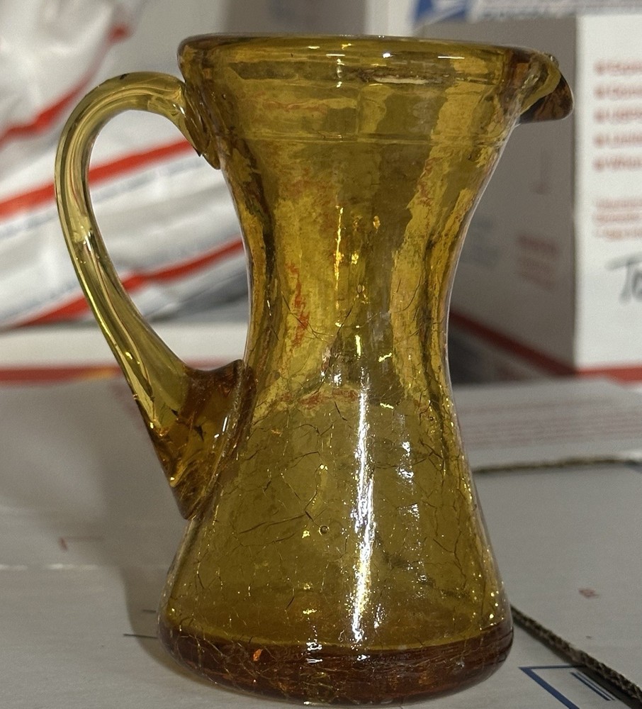Vintage~Pilgrim Miniature Crackle Glass Pitcher Amber 1949-1969 3 & 3/4