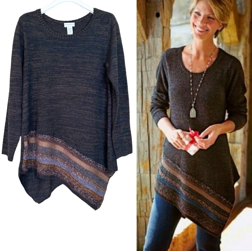 Soft Surroundings Women M Asymmetric Wool Blend Long Brown Sweater Tunic Raku