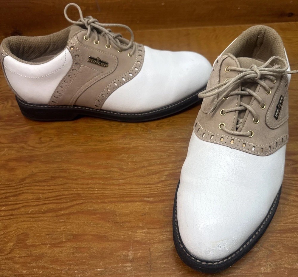 Dunlop Dry Golf Shoes Men Size 10 White Tan Leather Spikeless Saddle Oxford