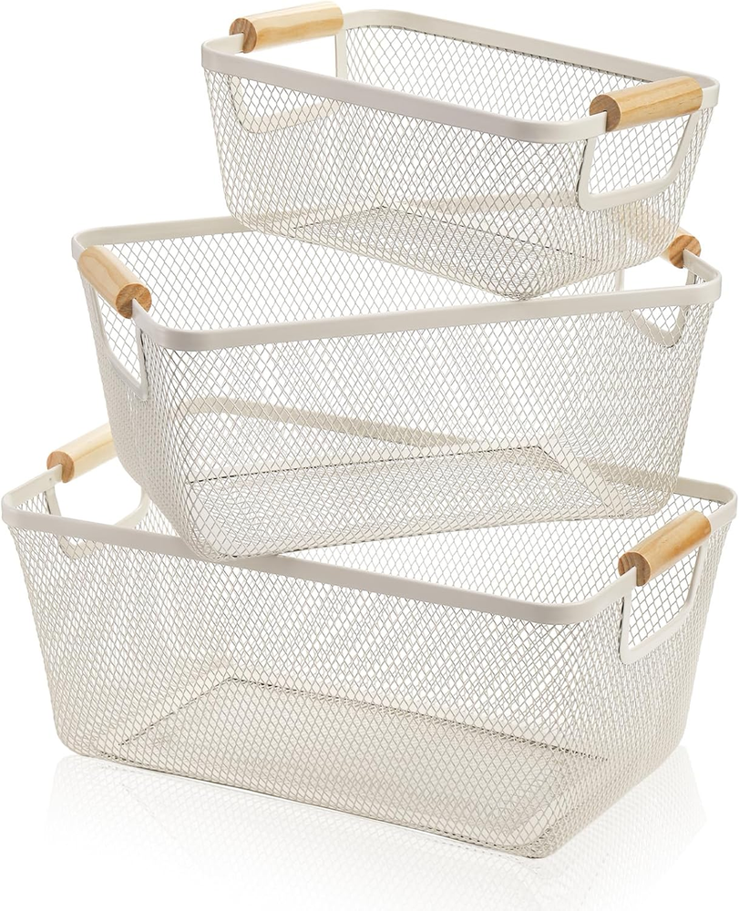3 Pack Metal Mesh Baskets with Wood Handle, Iron Storage Organizer Baskets, Whit