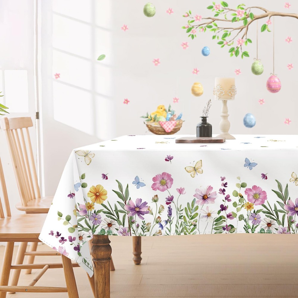 Spring Tablecloth 60 x 120 Inch, Wildflowers Floral Butterfly Table Cloth, St...