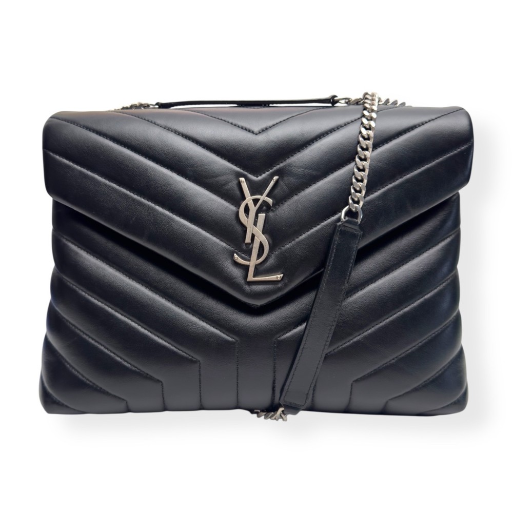 SAINT LAURENT LOULOU QUILTED LEATHER SHOULDER BAG BLACK / SILVER M RRP£2,150