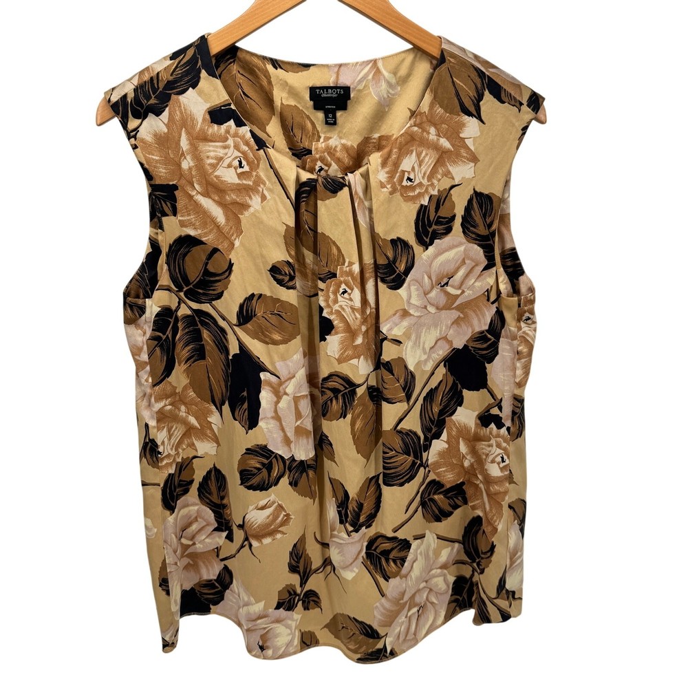 Talbots Silk Blouse Womens 12 Sleeveless Tan Floral Pleat Detail Pullover