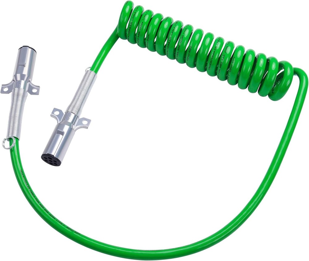 7 Way Coiled Trailer Cord 15 FT Green ABS Electrical Power Coil Heavy Duty Cable-image