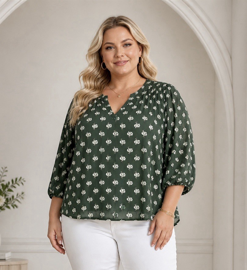 Womens Olive Green Floral V Neck Smocked Top Size 2X Lightweight Summer Chic