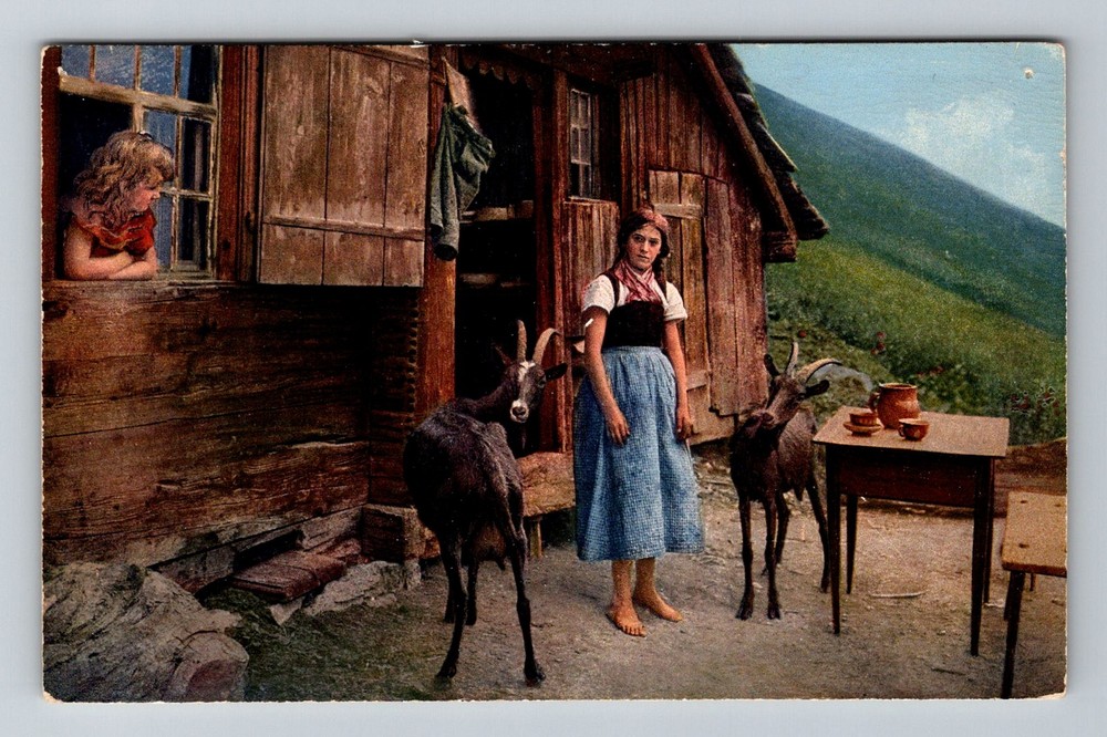 Switzerland- Girls & Goats At Mountain Chalet Home Old Postal Vintage Postcard