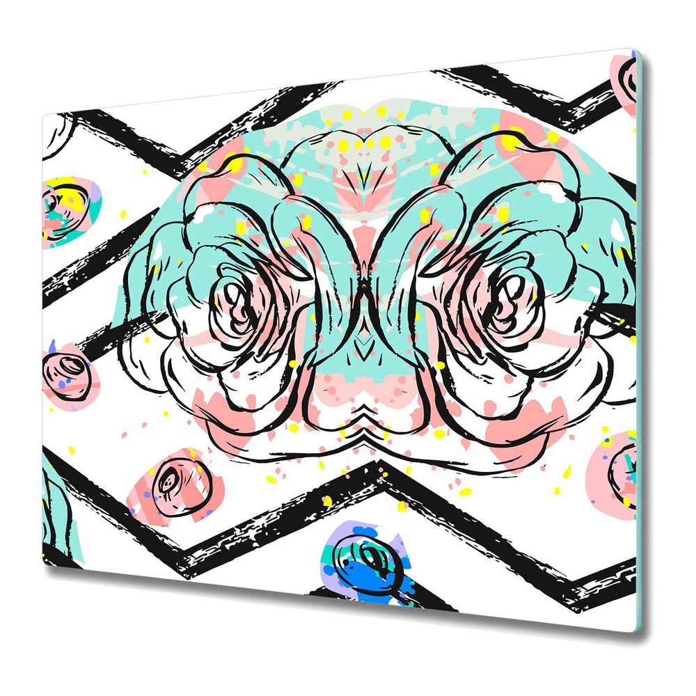 Glass Chopping Cutting Board Hand Drawn Flowers drawn dots and lines 60x52