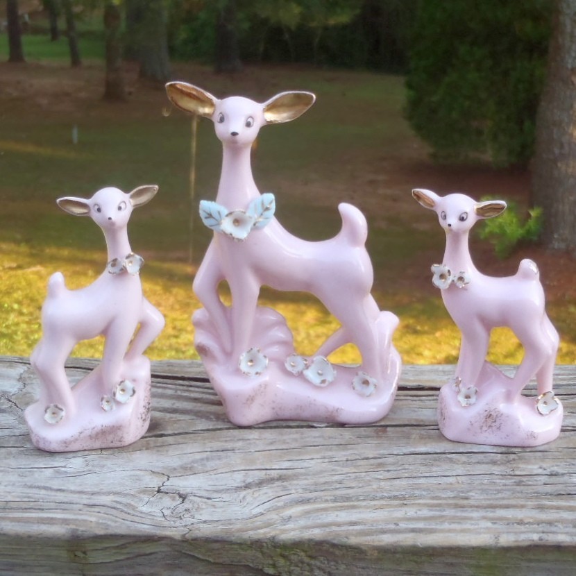 Vintage Japan Anthropomorphic Family of Three Pink DEER FIGURINES w/Gold Flowers
