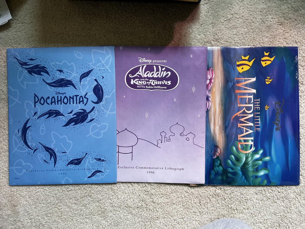 3 Disney Exclusive Commemorative Lithographs Pocahontas Aladdin Little Mermaid
