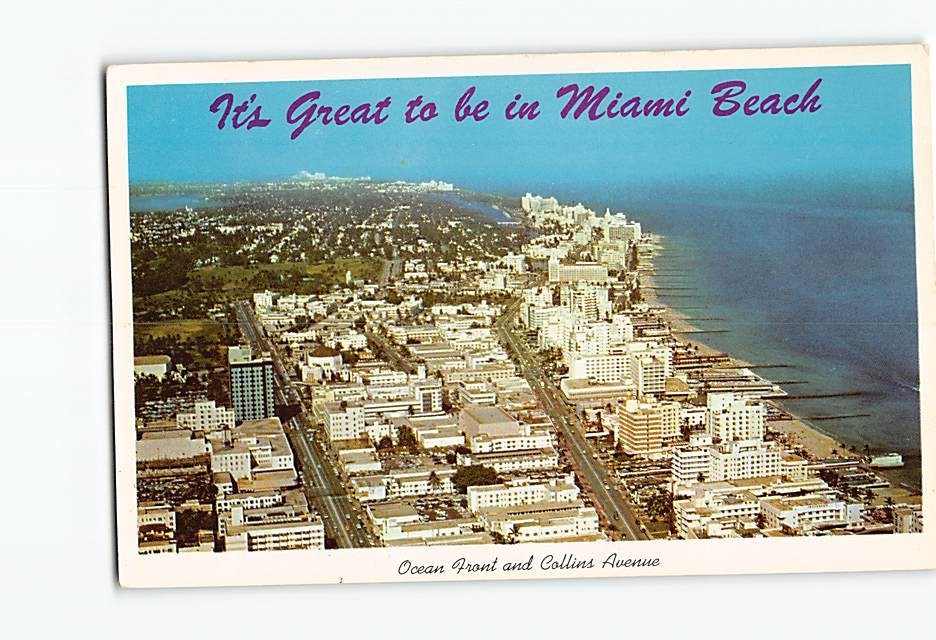 Postcard Aerial View Ocean Front and Collins Avenue Miami Beach Florida USA