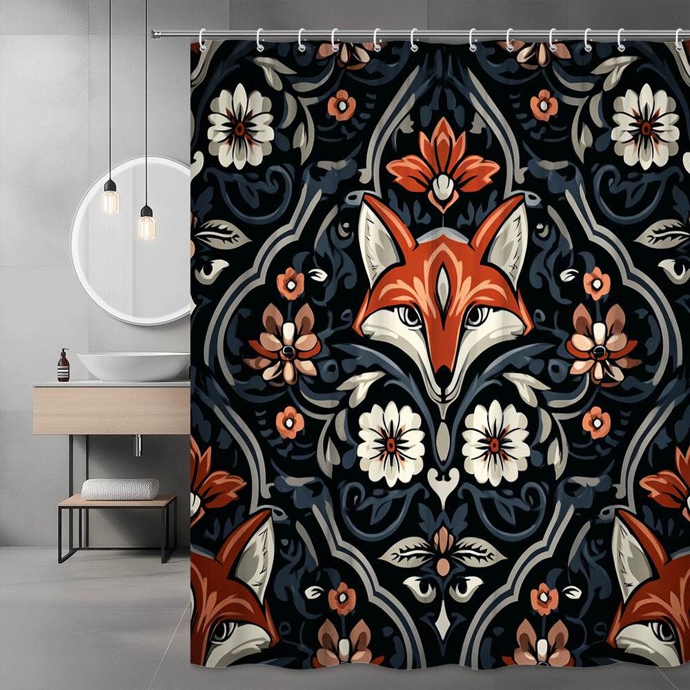 Fox Floral Shower Curtain Black Orange Boho Animal Print