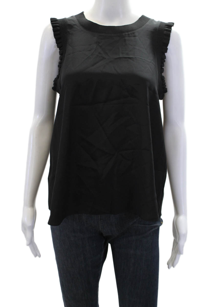 Cinq à Sept Womens Black Silk Ruffle Trim Crewneck Blouse Size S