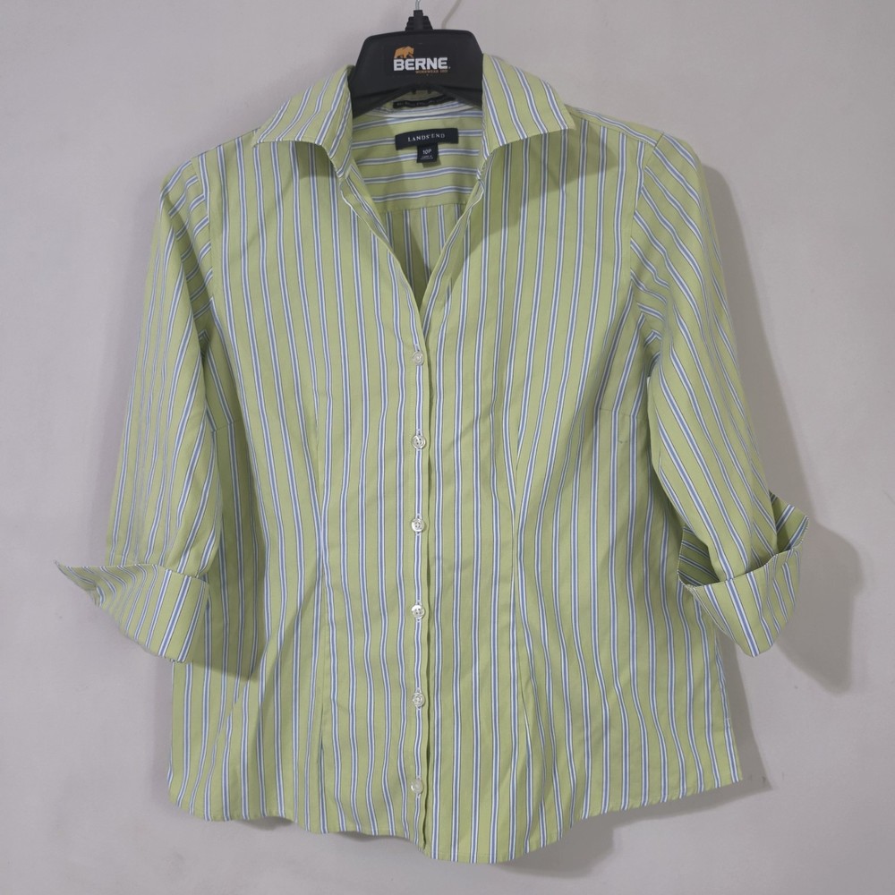Lands' End Women's No Iron Pinpoint Oxford Size 10P Button Up Shirt  3/4 Sleeve