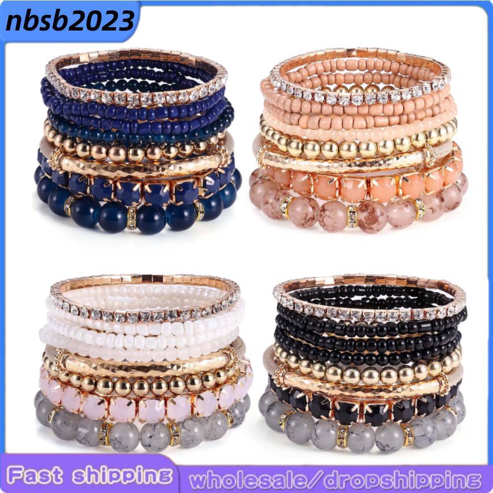 4 Sets Boho Bracelets for Women Multi-layer Stackable Stretch Beaded Bracelets