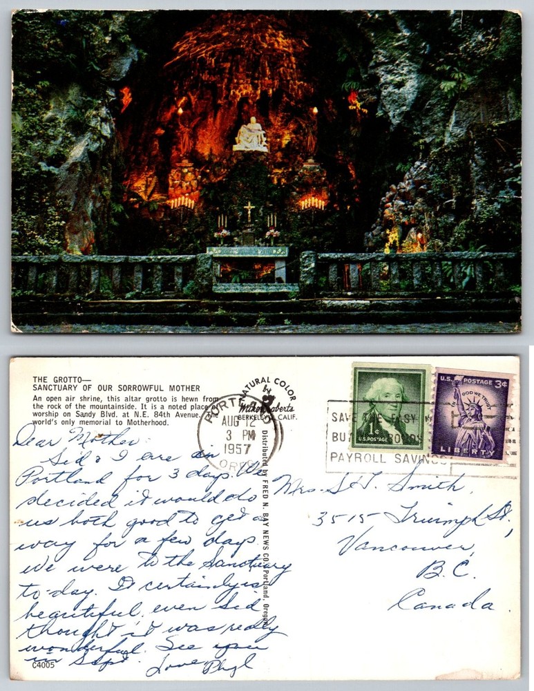 1957 Portland Oregon Grotto Sanctuary of Our Sorrowful Mother Postcard