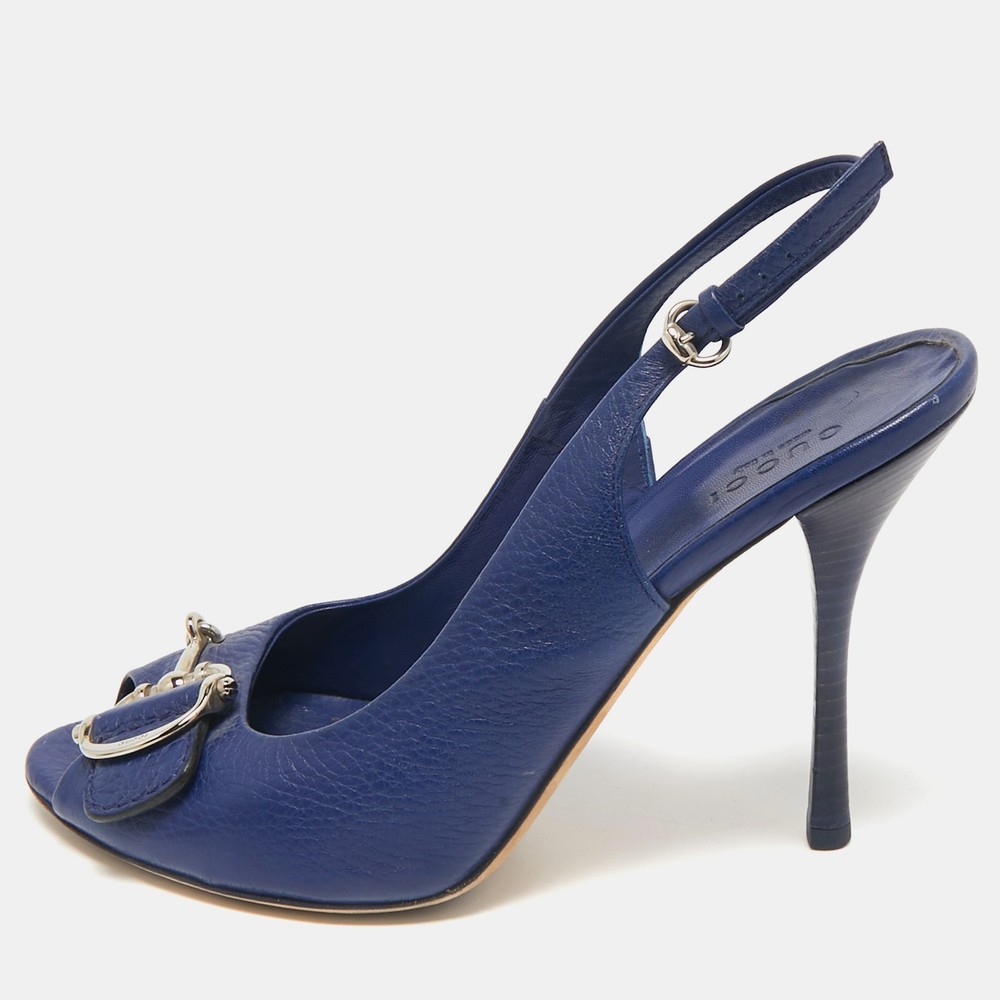Gucci Blue Leather Horsebit Slingback Pumps Size 38
