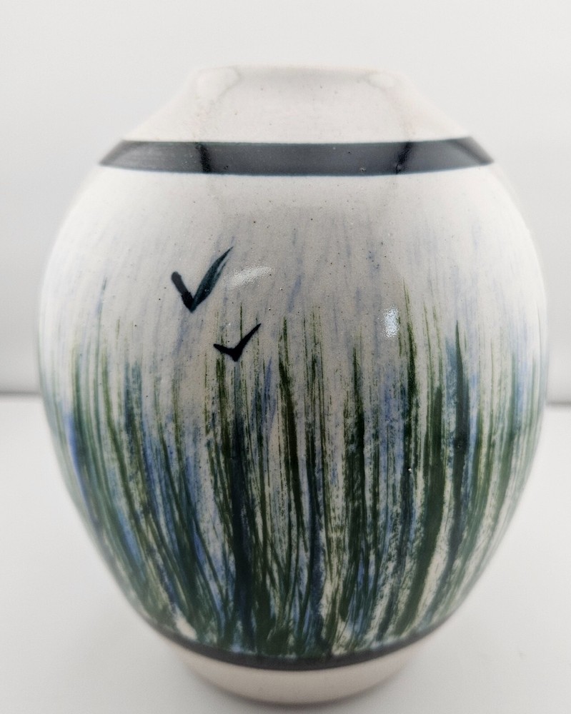 Vintage Signed Mkox Hand Painted Birds & Grass Vase -Glazed Studio Pottery 1982