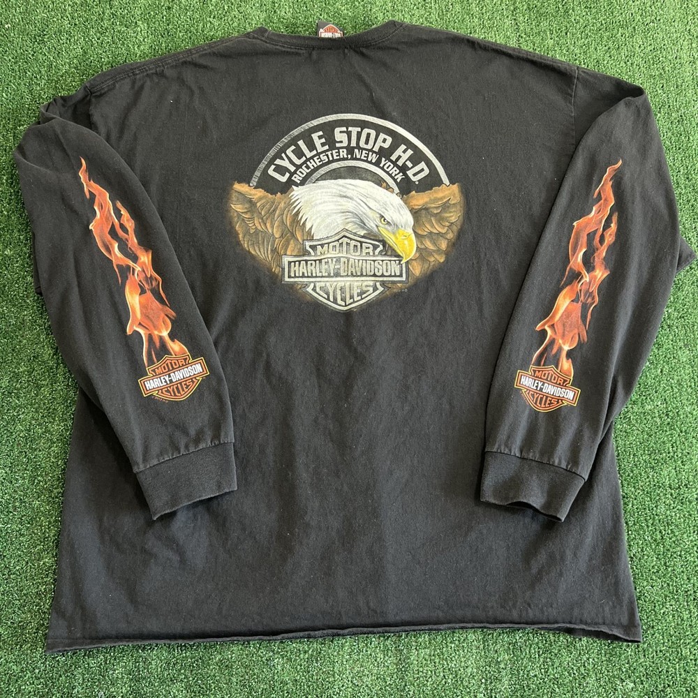 VTG Harley-Davidson Long Sleeve T-Shirt Mens 3XL Black Flame Pocket Eagle Y2K